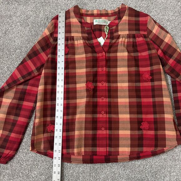 Aventura Shirt Womens Medium Red Plaid Artisan Top Organic Cotton Embroidered - Picture 9 of 11